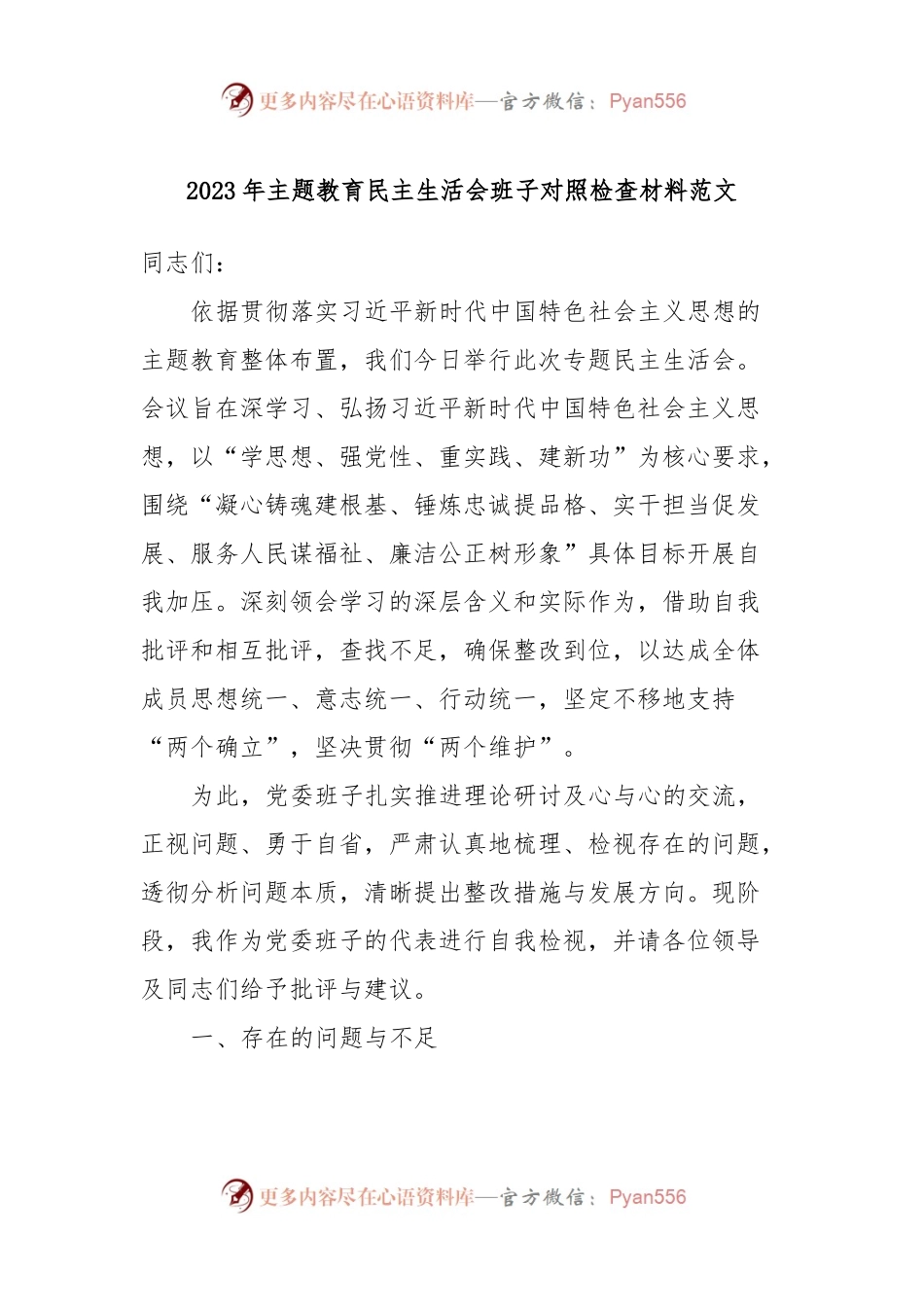 2023年主题教育民主生活会班子对照检查材料范文.docx_第1页