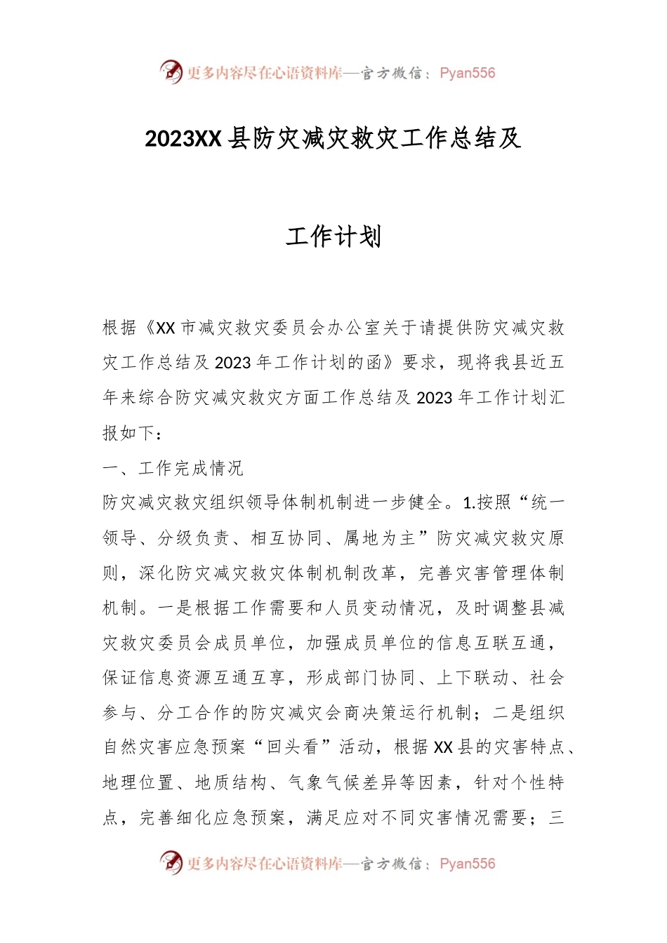 2023XX县防灾减灾救灾工作总结及工作计划.docx_第1页