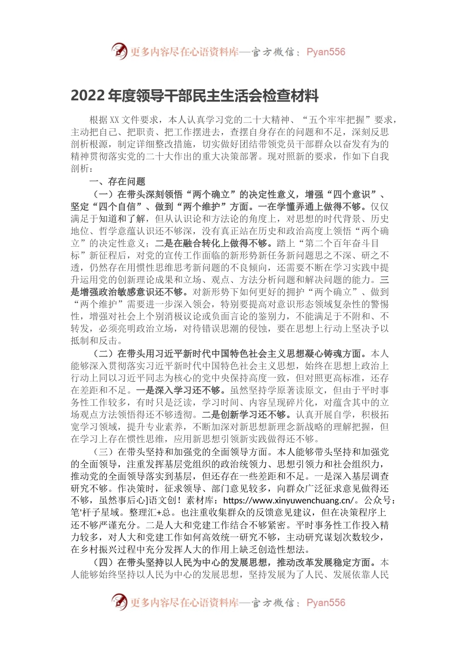 2022年度领导干部民主生活会检查材料.docx_第1页