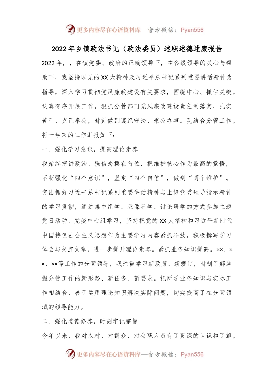 2022年乡镇政法书记（政法委员）述职述德述廉报告..docx_第1页