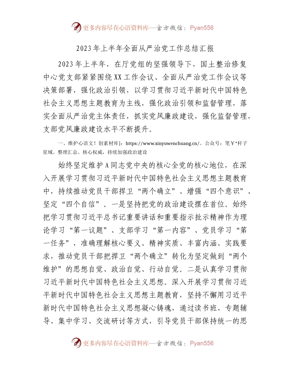 2023年上半年党支部全面从严治党工作总结汇报3000字.docx_第1页