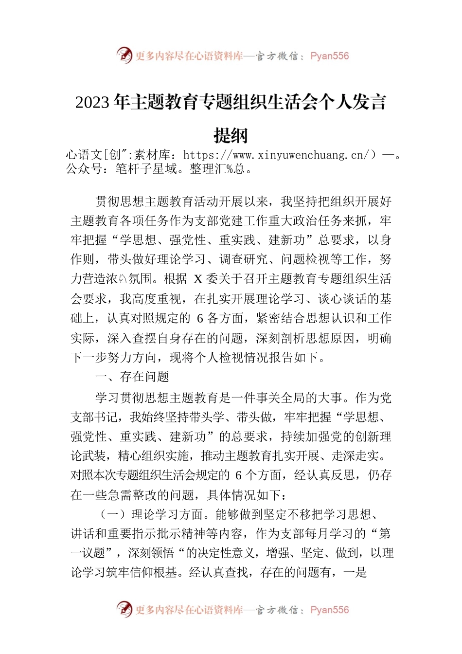 2023年主题教育专题组织生活会个人发言提纲.docx_第1页