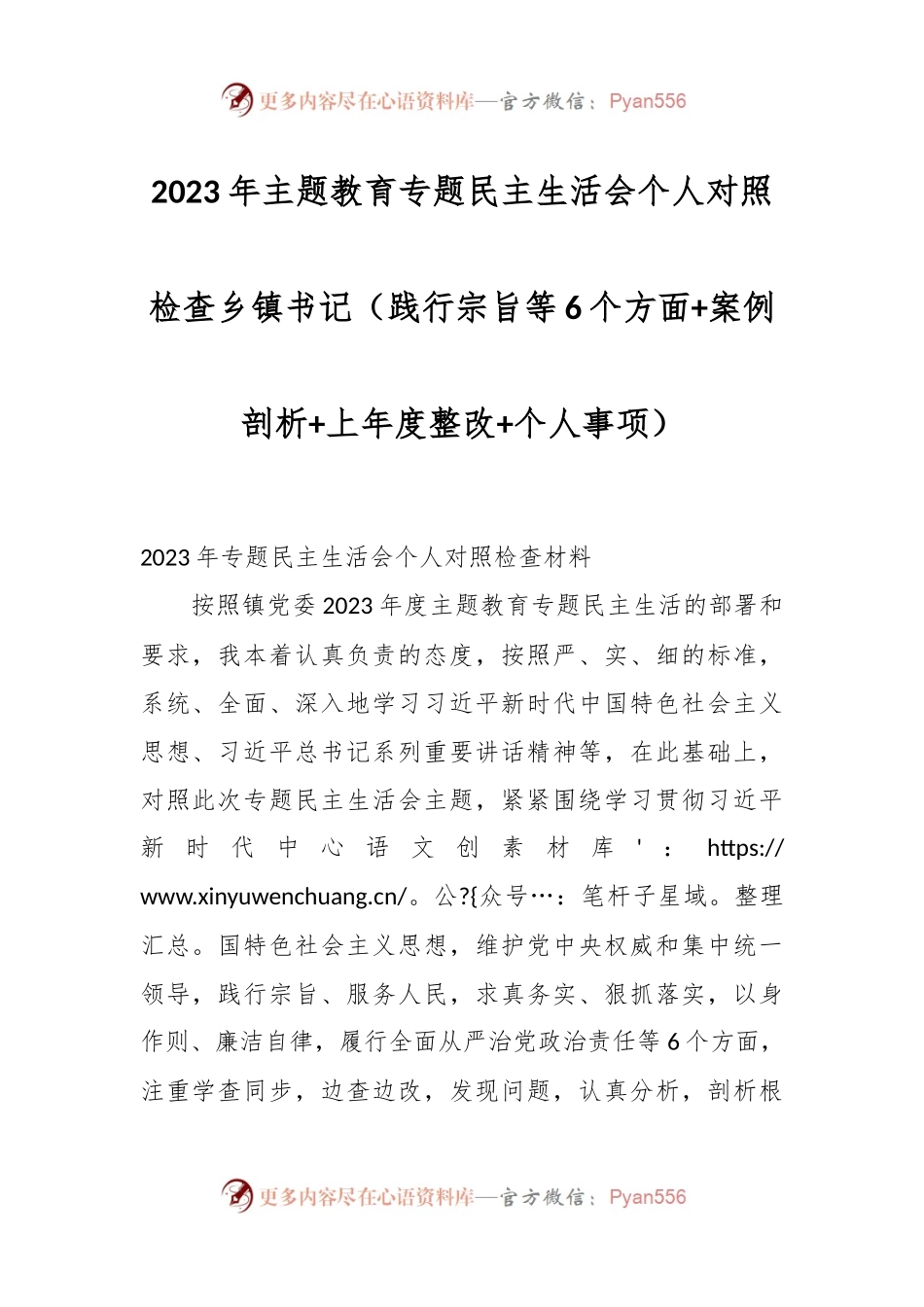 2023年主题教育专题民主生活会个人对照检查 乡镇书记（践行宗旨等6个方面+案例剖析+上年度整改+个人事项）.docx_第1页