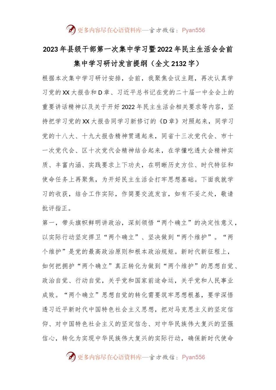 2023年县级干部第一次集中学习暨2022年民主生活会会前集中学习研讨发言提纲（全文2132字）.docx_第1页