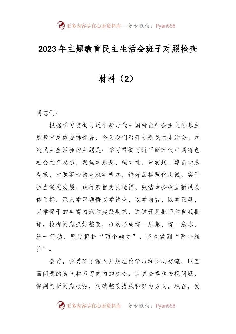 2023年主题教育民主生活会班子对照检查材料（2）.docx_第1页
