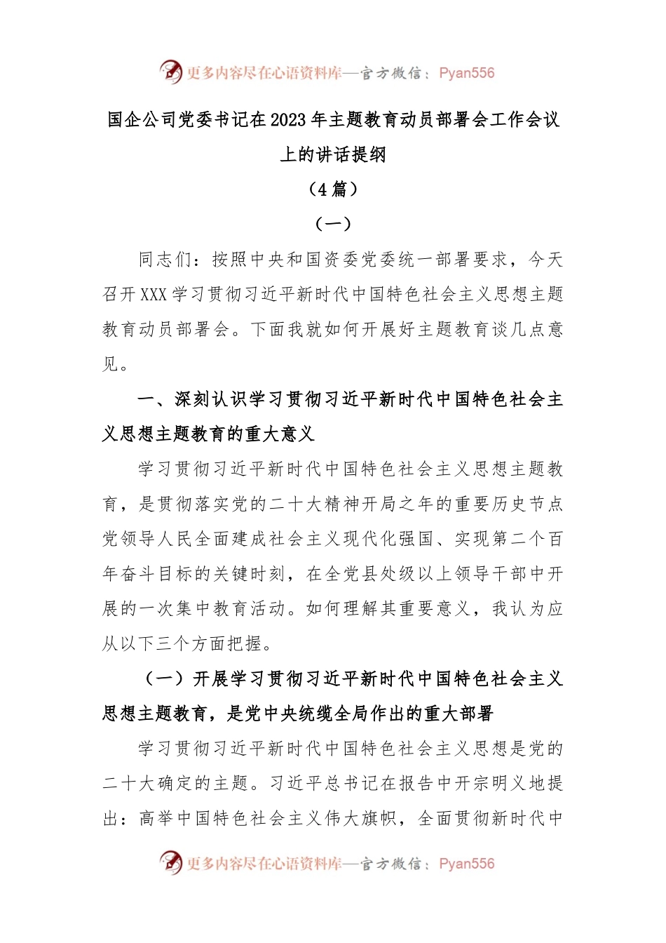 (4篇)国企公司党委书记在2023年主题教育动员部署会工作会议上的讲话提纲.docx_第1页