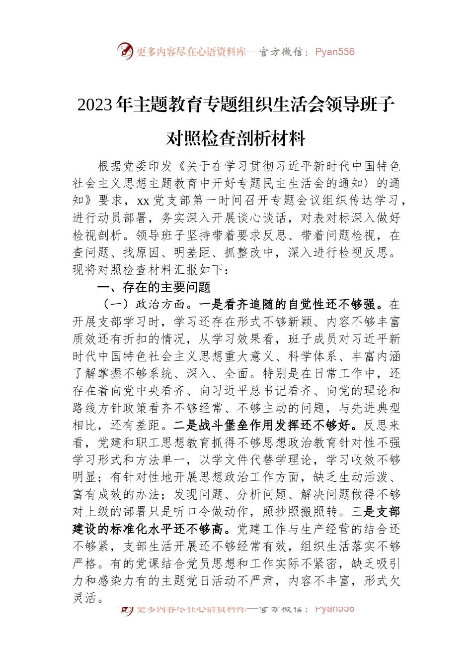 2023年主题教育专题组织生活会领导班子对照检查剖析材料.docx_第1页