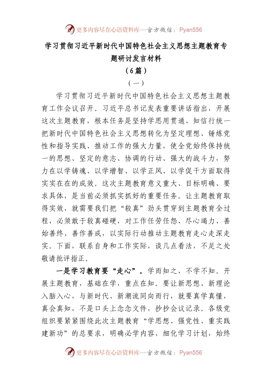 (6篇)学习贯彻新时代中国特色社会主义思想主题教育专题研讨发言材料.docx_第1页