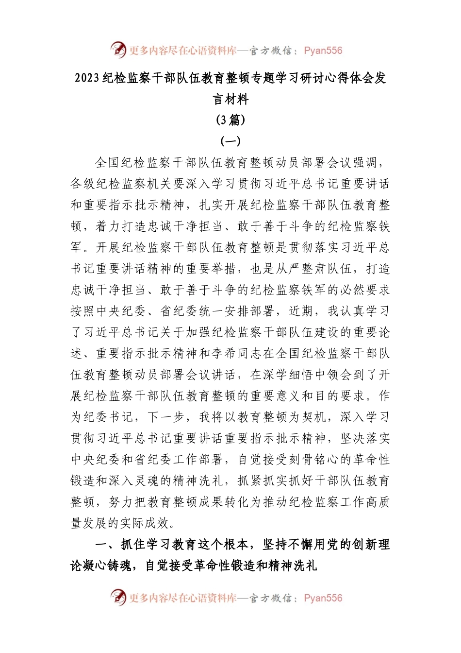 (3篇)2023纪检监察干部队伍教育整顿专题学习研讨心得体会发言材料.docx_第1页