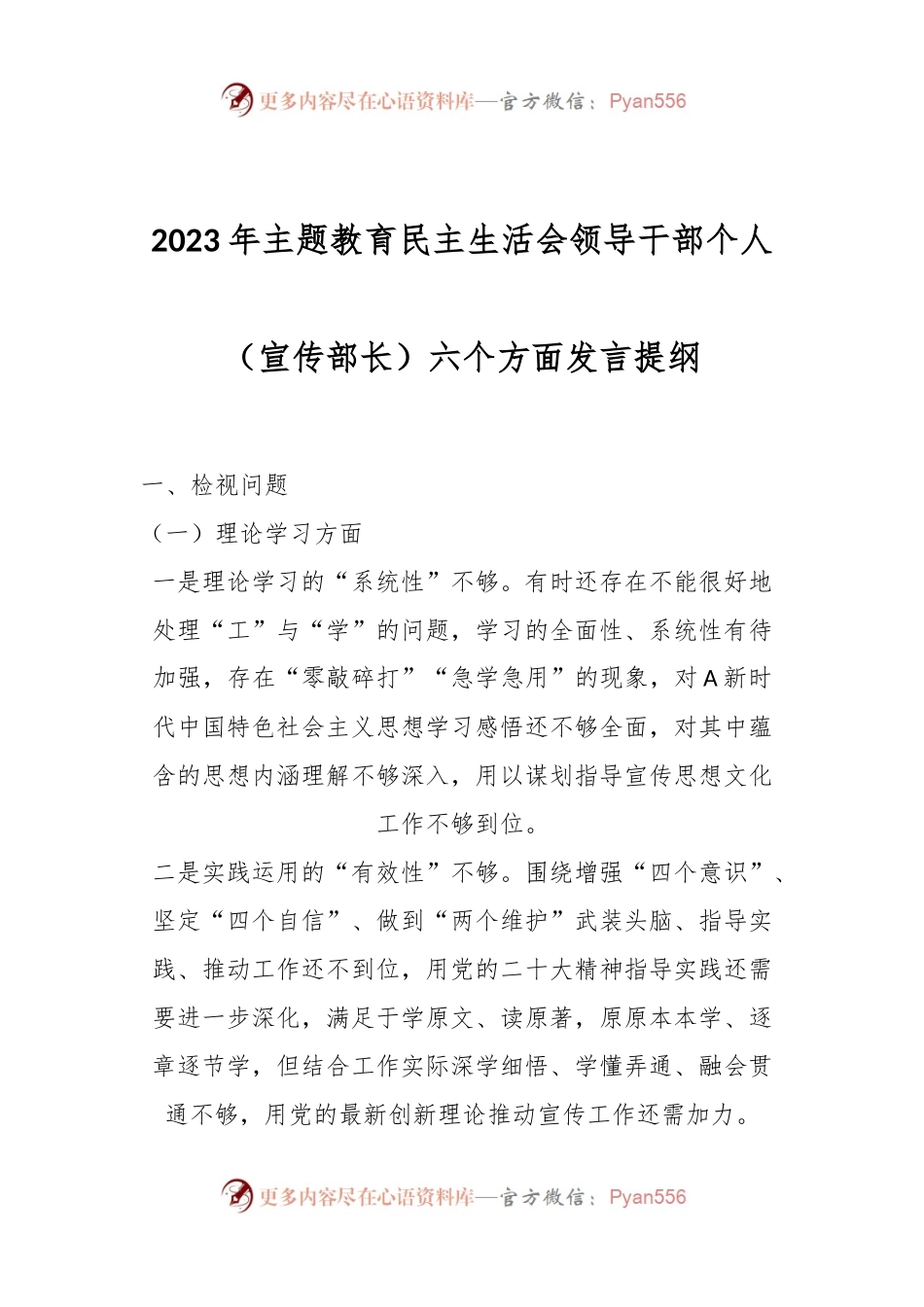 2023年主题教育民主生活会领导干部个人（宣传部长）六个方面发言提纲.docx_第1页