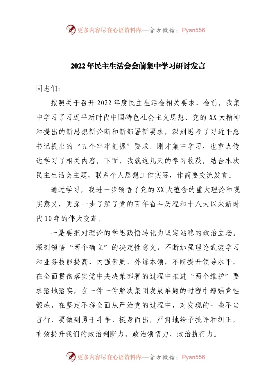 2022年民主生活会会前集中学习研讨发言（二）.docx_第1页