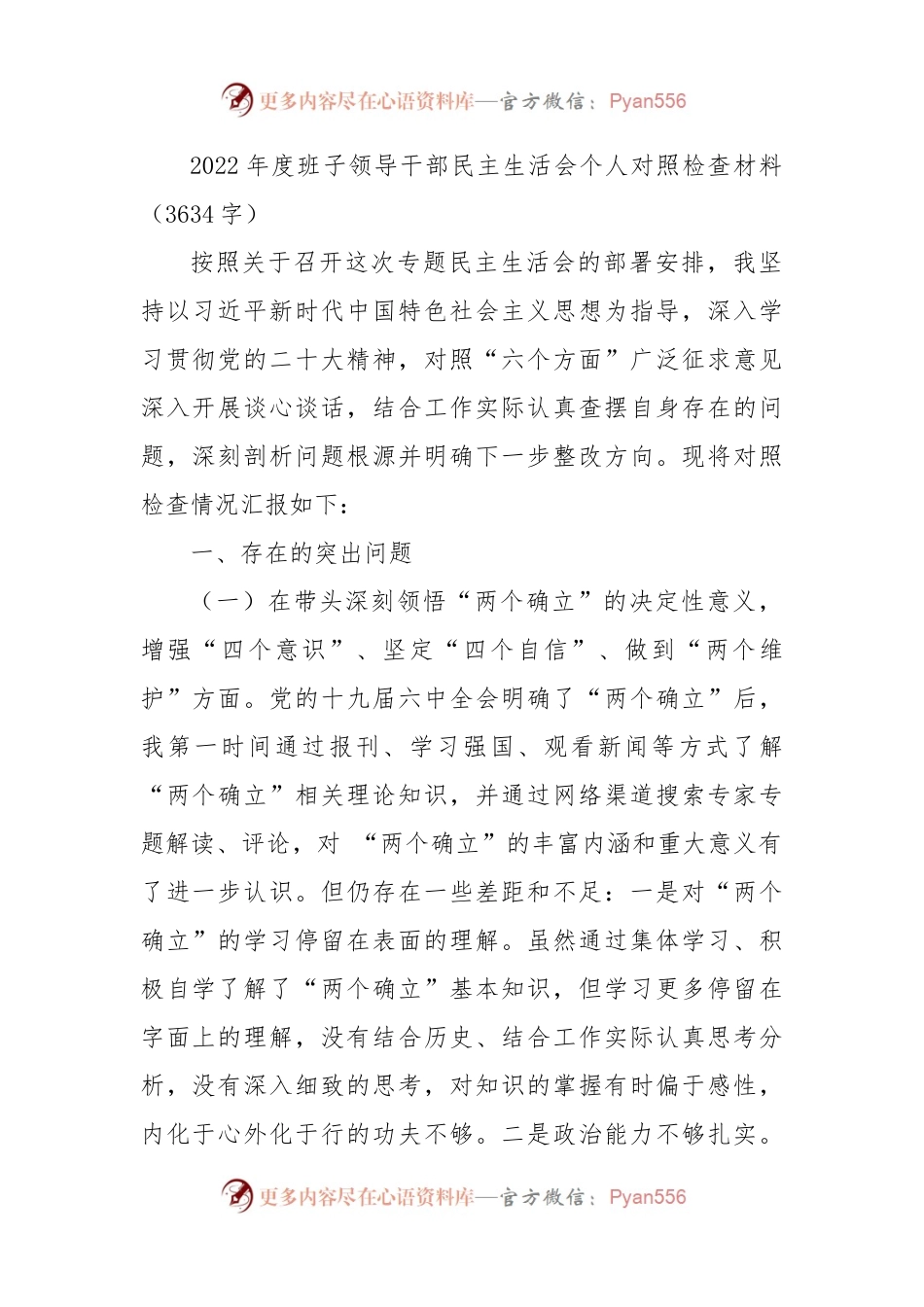 2022年度班子领导干部民主生活会个人对照检查材料.docx_第1页