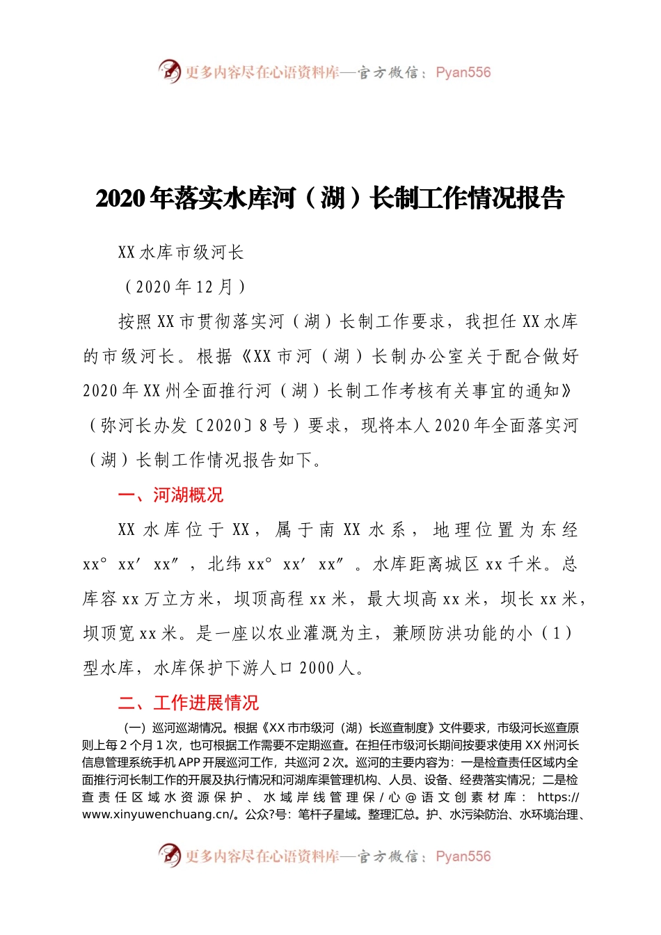 2020年落实水库河（湖）长制工作情况报告.docx_第1页
