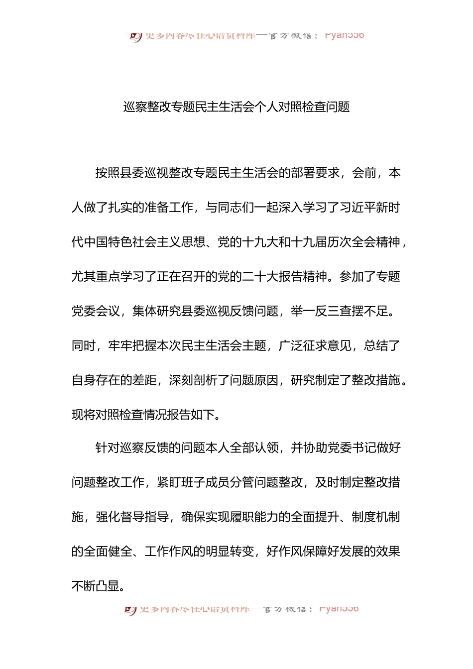2022年巡察整改专题民主生活会个人对照检查问题.docx_第1页