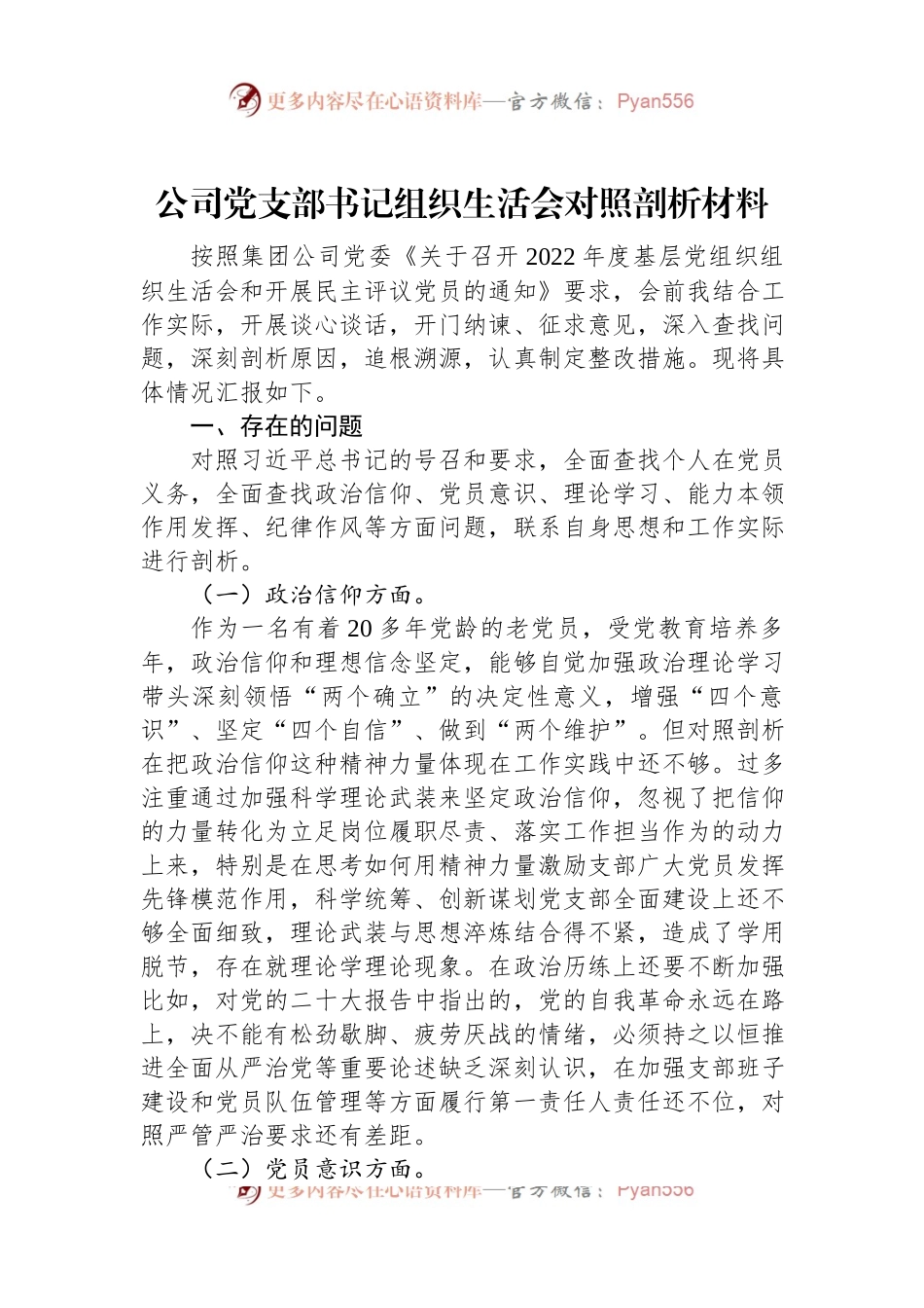 2022年度公司党支部书记组织生活会对照剖析材料.docx_第1页