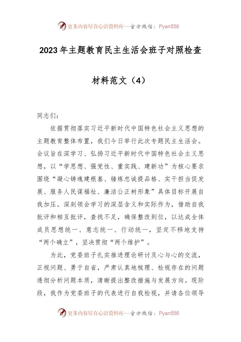 2023年主题教育民主生活会班子对照检查材料范文（4）.docx_第1页