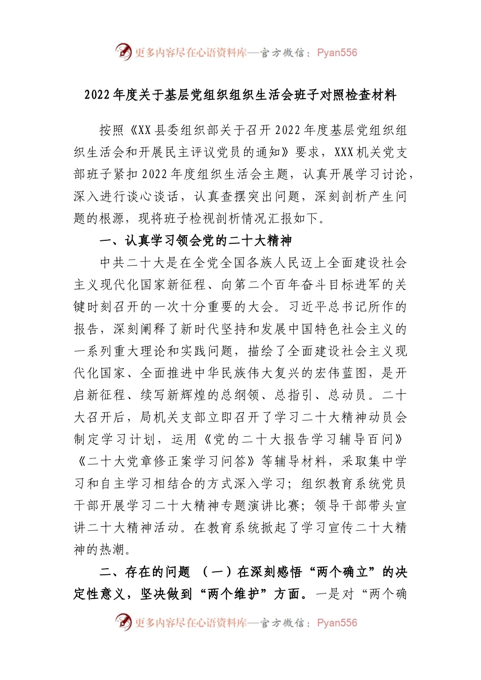 2022年度基层党组织组织生活会班子对照检查材料.docx_第1页