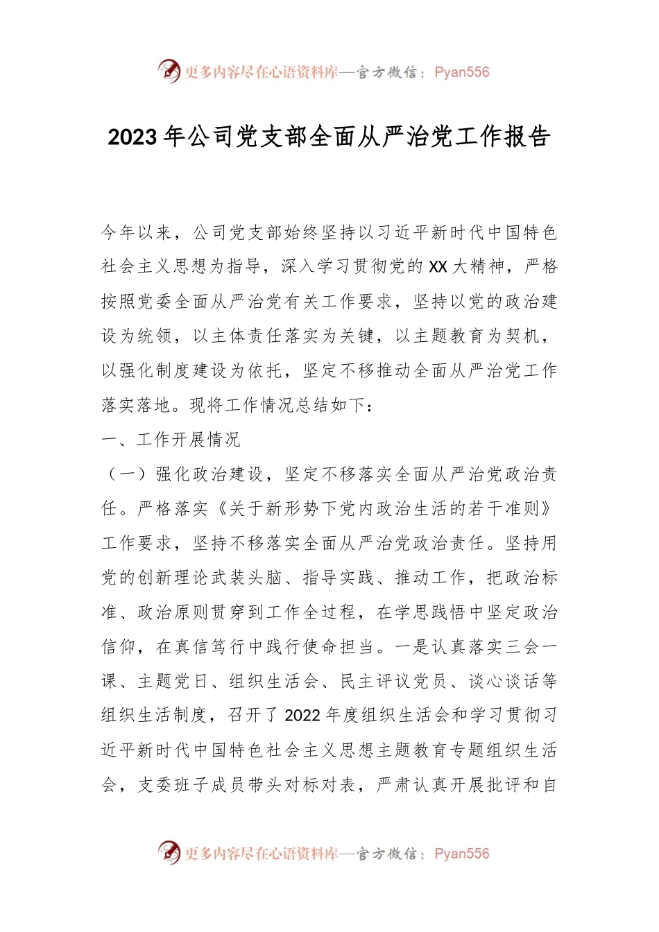 2023年公司党支部全面从严治党工作报告.docx_第1页
