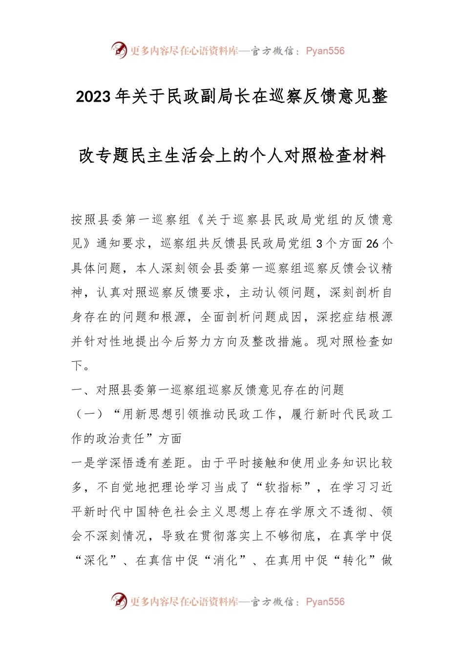 2023年关于民政副局长在巡察反馈意见整改专题民主生活会上的个人对照检查材料.docx_第1页