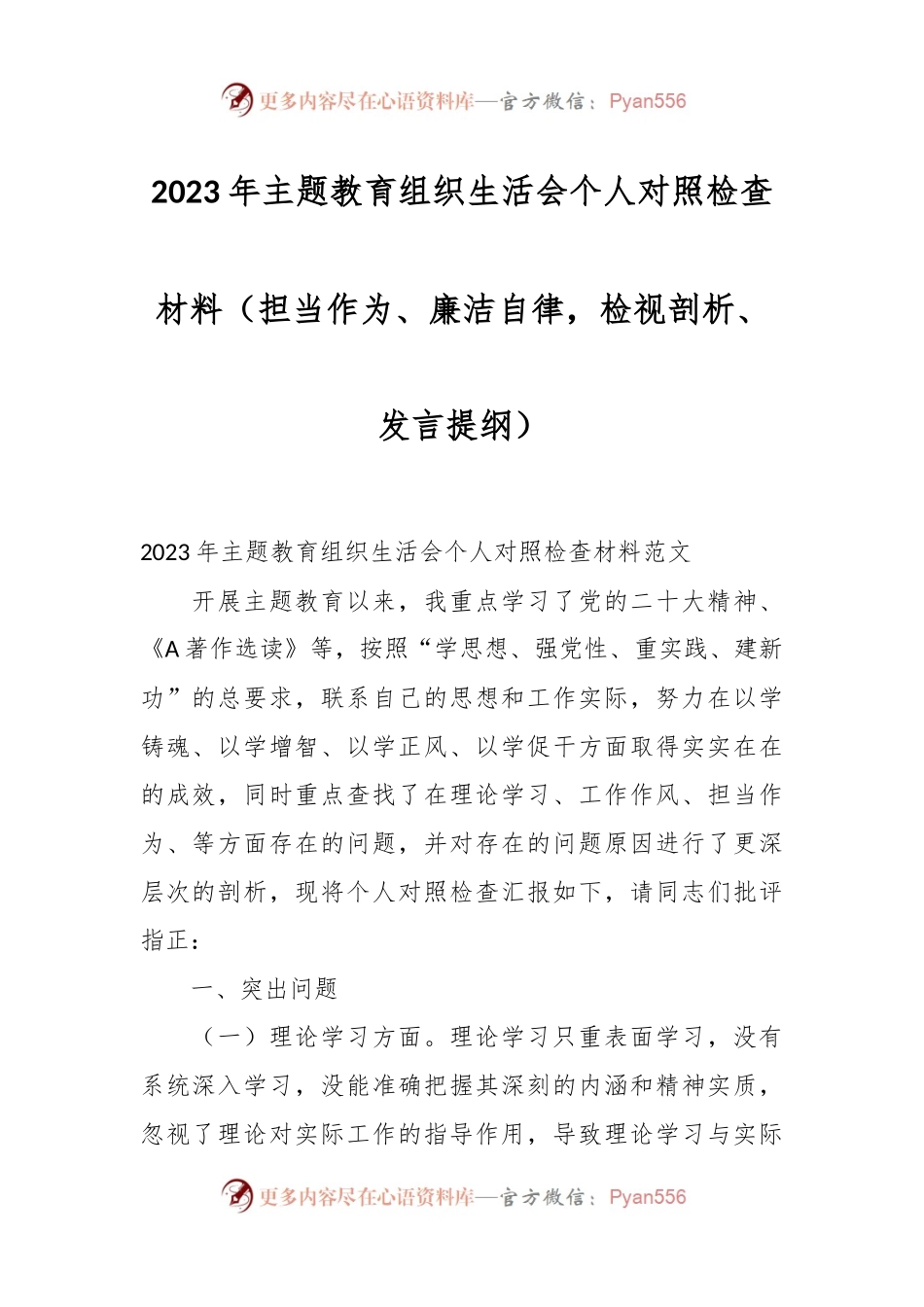 2023年主题教育组织生活会个人对照检查材料（担当作为、廉洁自律，检视剖析、发言提纲）.docx_第1页