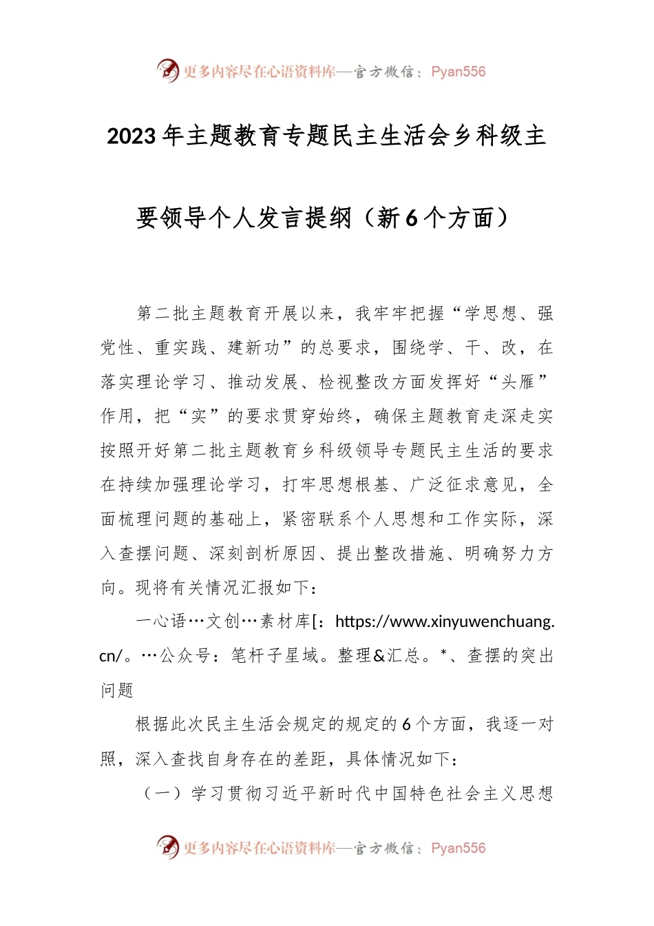 2023年主题教育专题民主生活会乡科级主要领导个人发言稿提纲（新6个方面）.docx_第1页