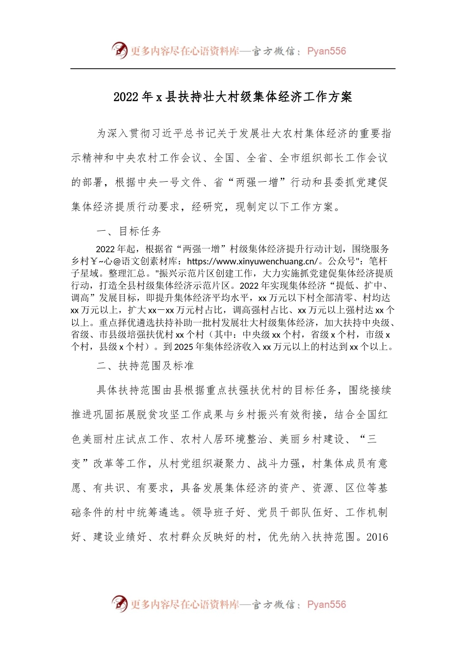 2022年x县扶持壮大村级集体经济工作方案.docx_第1页