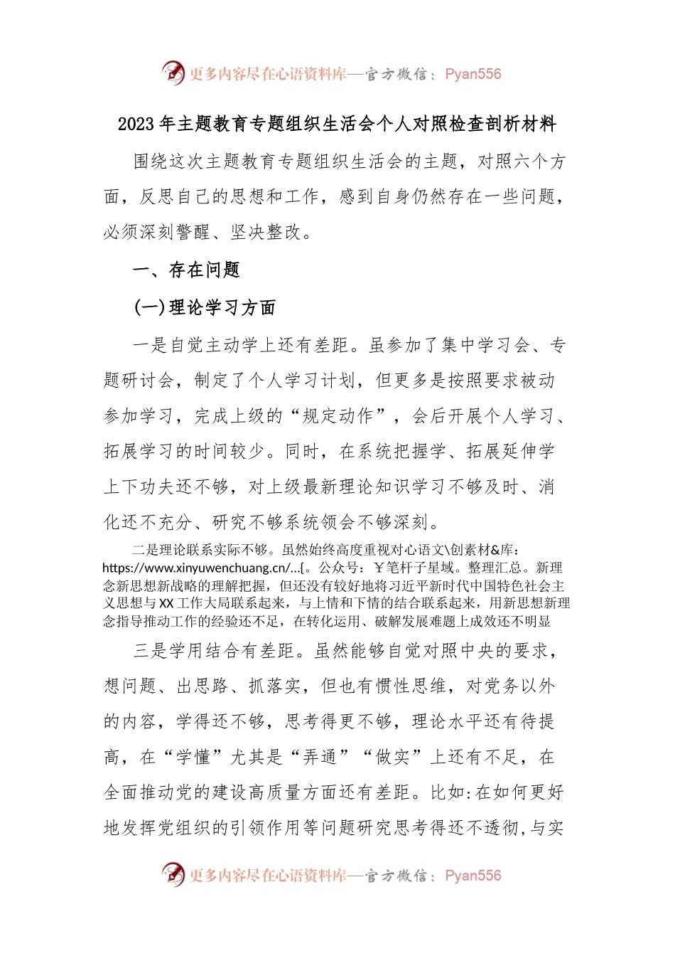 2023年主题教育专题组织生活会个人对照检查剖析 材料（二）.docx_第1页