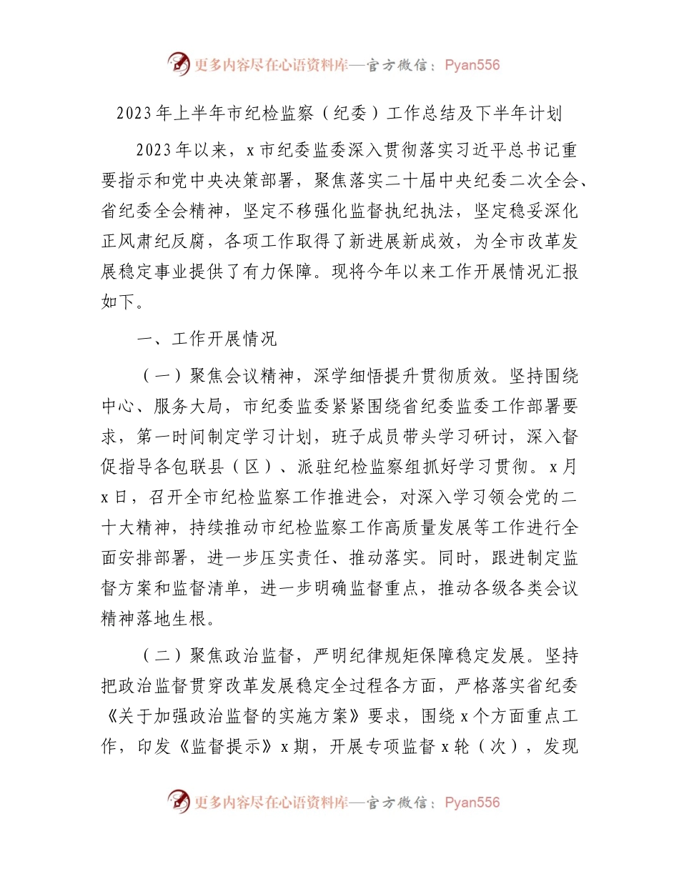 2023年上半年市纪检监察（纪委）工作总结及下半年计划4200字.docx_第1页
