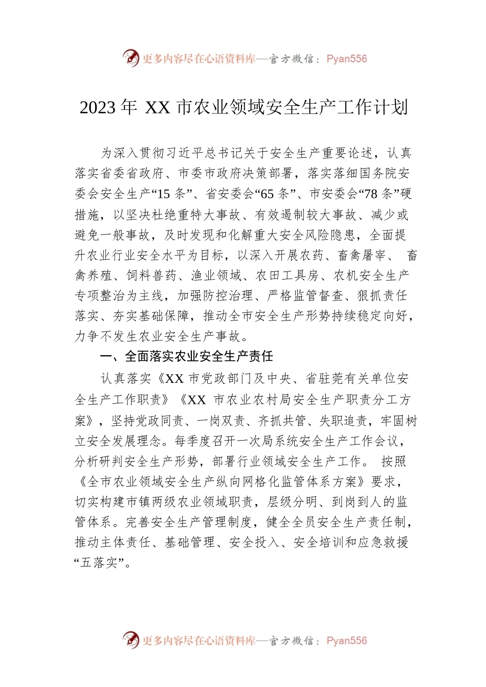 2023年XX市农业领域安全生产工作计划.docx_第1页