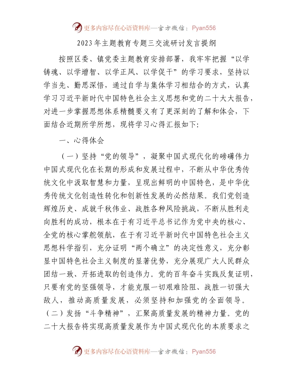 2023年主题教育专题三交流研讨发言提纲.docx_第1页
