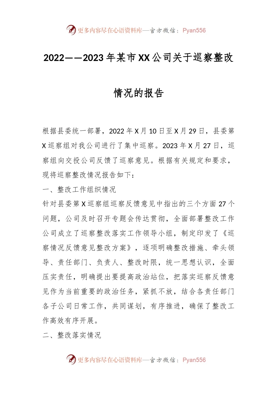 2022——2023年某市XX公司关于巡察整改情况的报告.docx_第1页