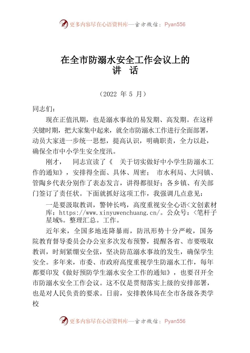 2022年在全市防溺水安全工作会议上的讲话.docx_第1页