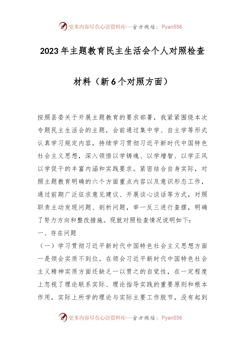2023年主题教育民主生活会个人对照检查材料（新6个对照方面）.docx_第1页