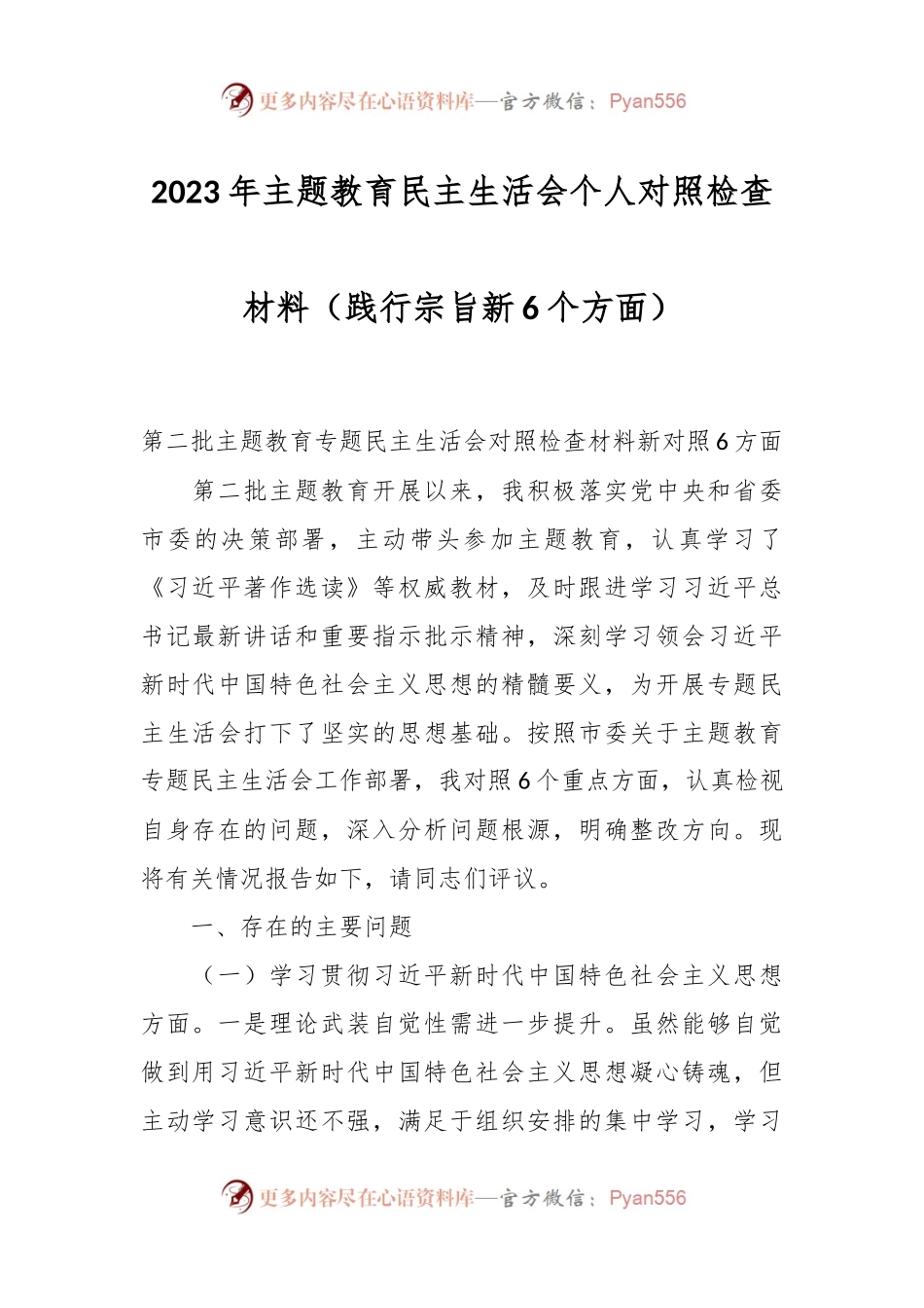 2023年主题教育民主生活会个人对照检查材料（践行宗旨 新6个方面）.docx_第1页