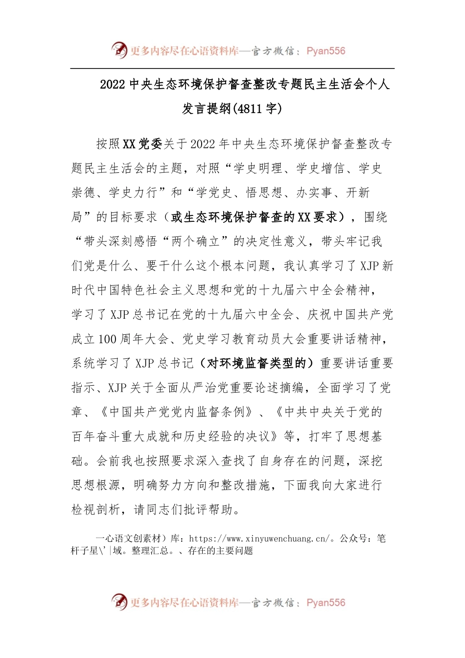 2022中央生态环境保护督查整改专题民主生活会个人发言提纲.docx_第1页