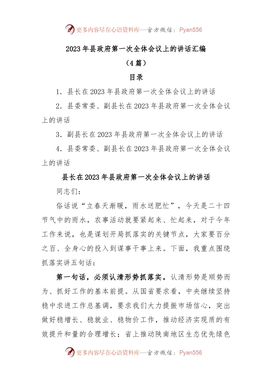 (4篇)2023年县政府第一次全体会议上的讲话汇编.docx_第1页