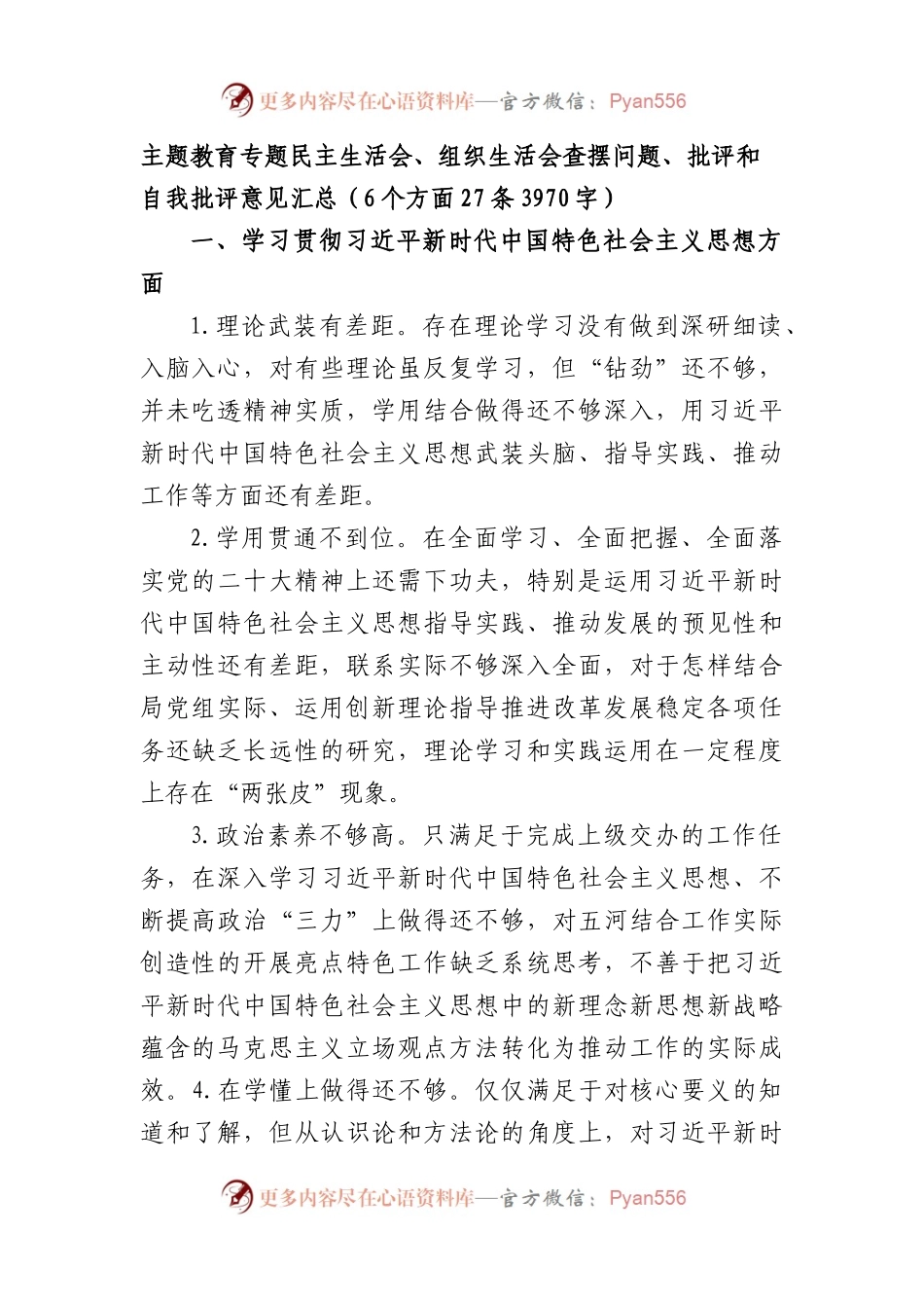 2023年主题教育民主生活会对照检查批评意见清单（践行宗旨等6个方面）.docx_第1页