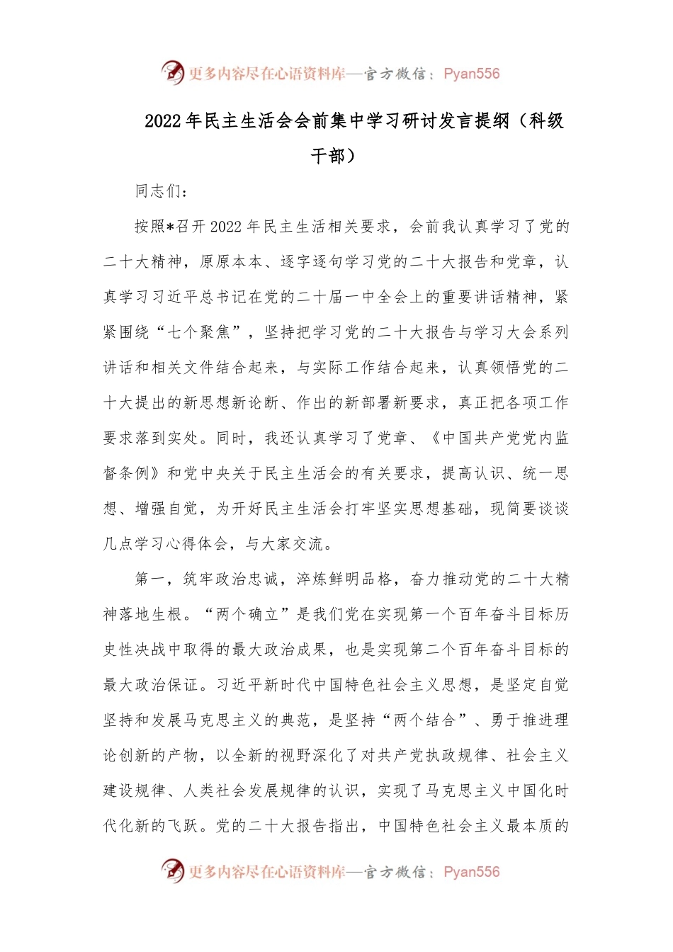 2022年民主生活会会前集中学习研讨发言提纲（科级干部）.docx_第1页