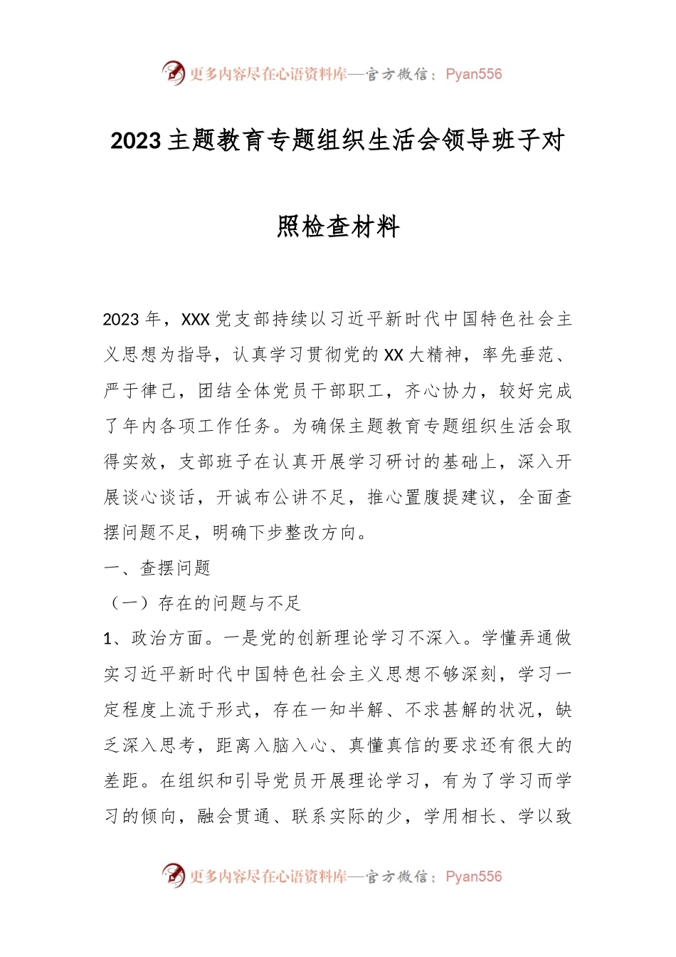 2023主题教育专题组织生活会领导班子对照检查材料.docx_第1页
