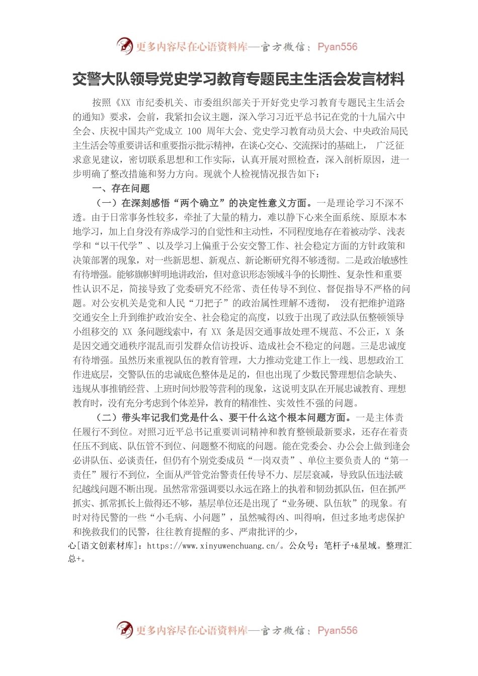 20220103交警大队领导党史学习教育专题民主生活会发言材料.docx_第1页