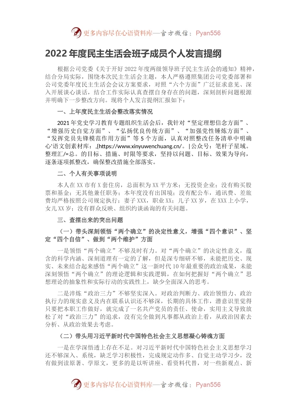 2022年度民主生活会班子成员个人发言提纲.docx_第1页