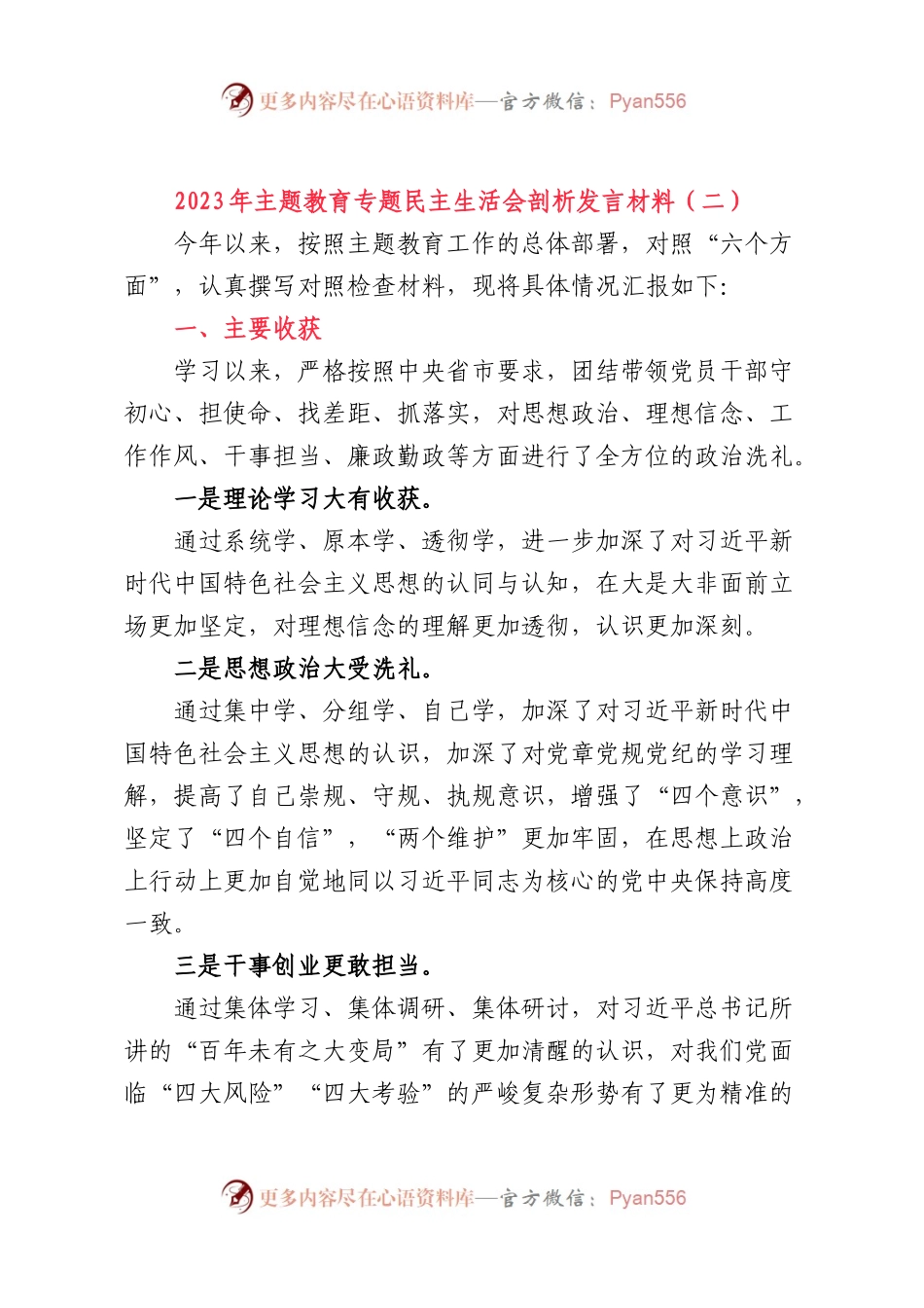 2023年主题教育专题民主生活会剖析发言材料（二）.docx_第1页