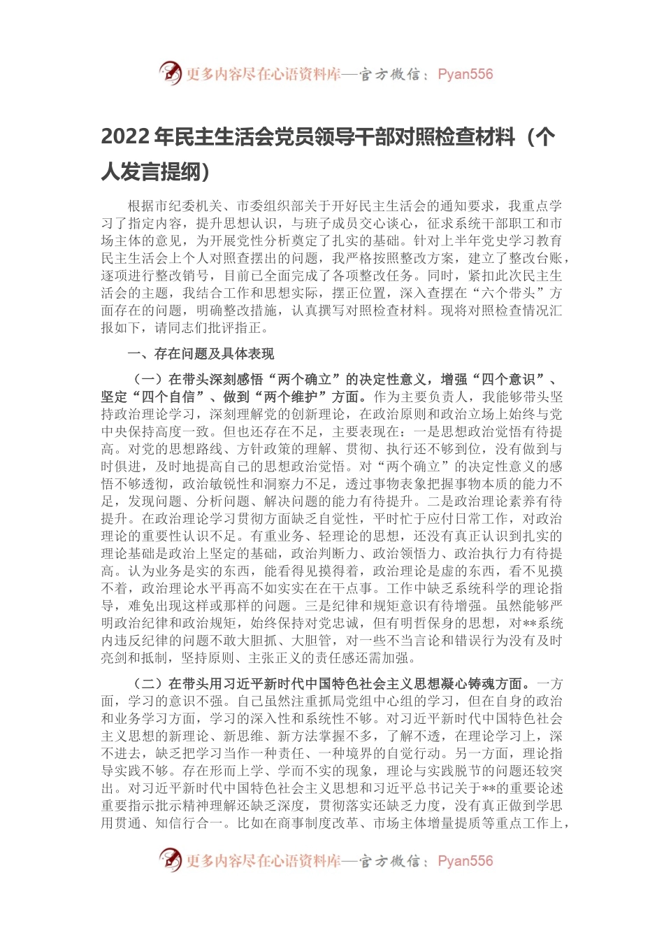 2022年民主生活会党员领导干部对照检查材料（个人发言提纲）.docx_第1页