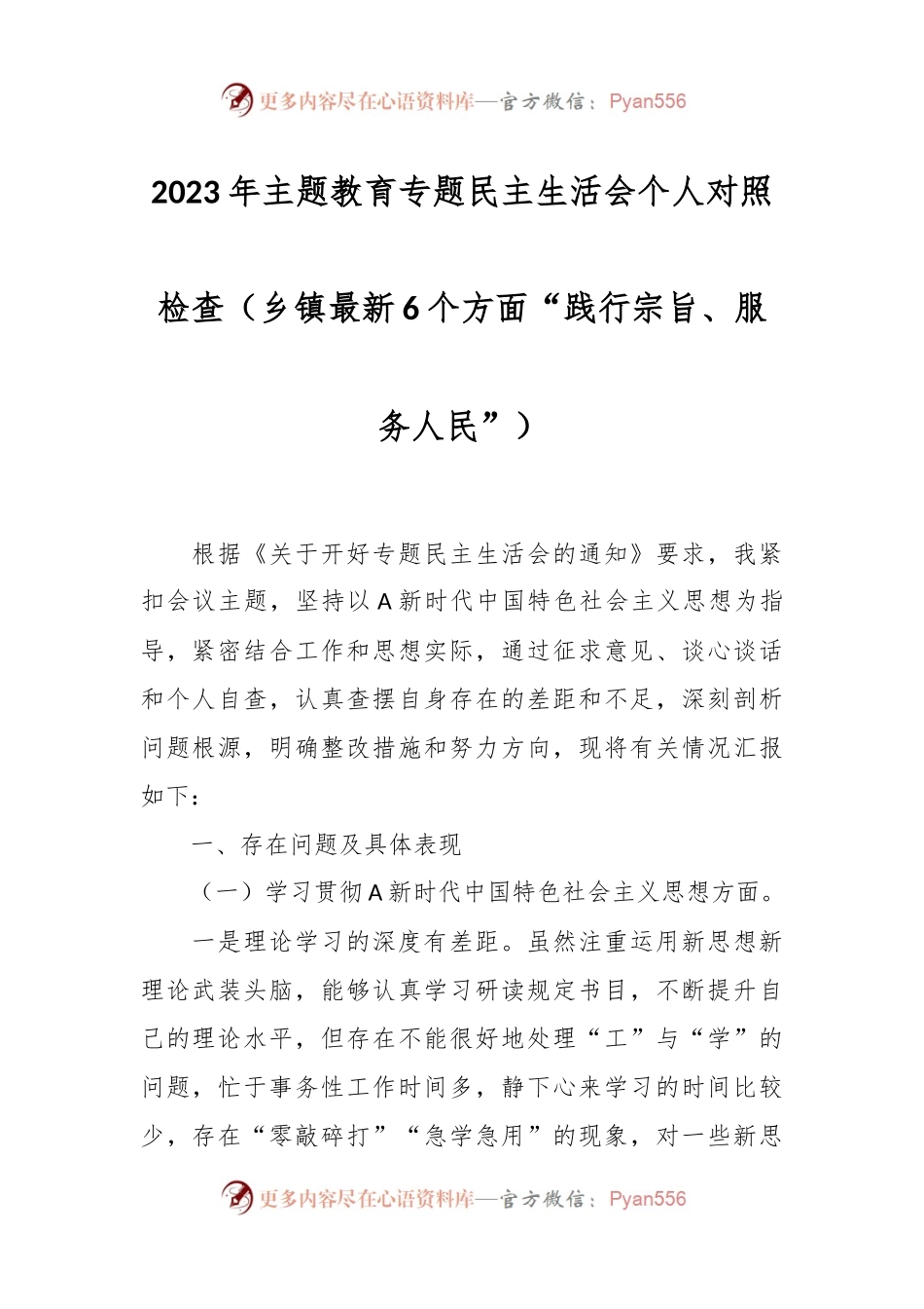 2023年主题教育专题民主生活会个人对照检查（乡镇最新6个方面“践行宗旨、服务人民”）.docx_第1页