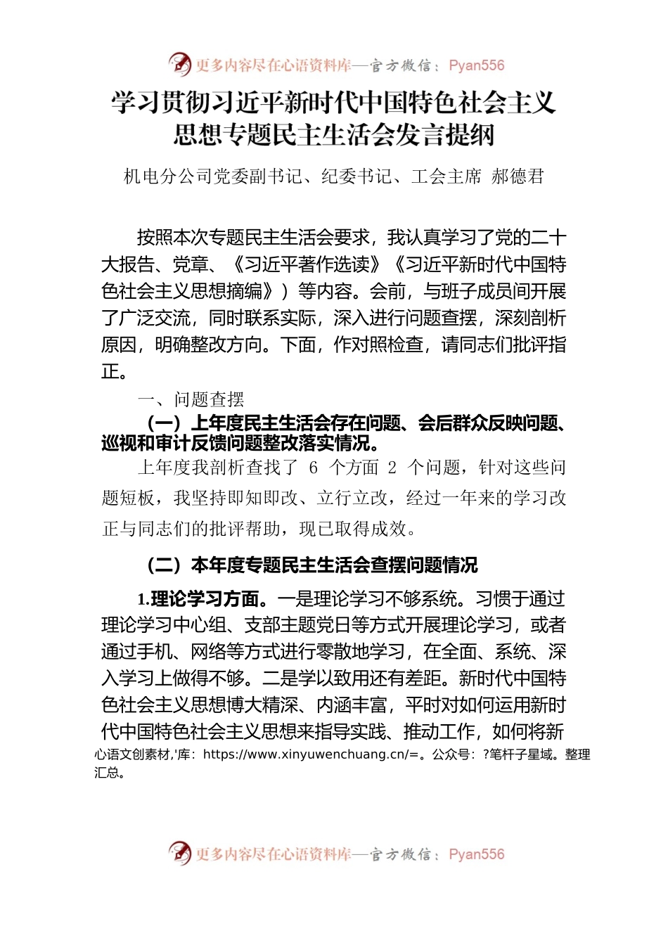 2023年主题教育专题民主生活会个人发言提纲——机电分公司党委副书记、纪委书记、工会主席.docx_第1页