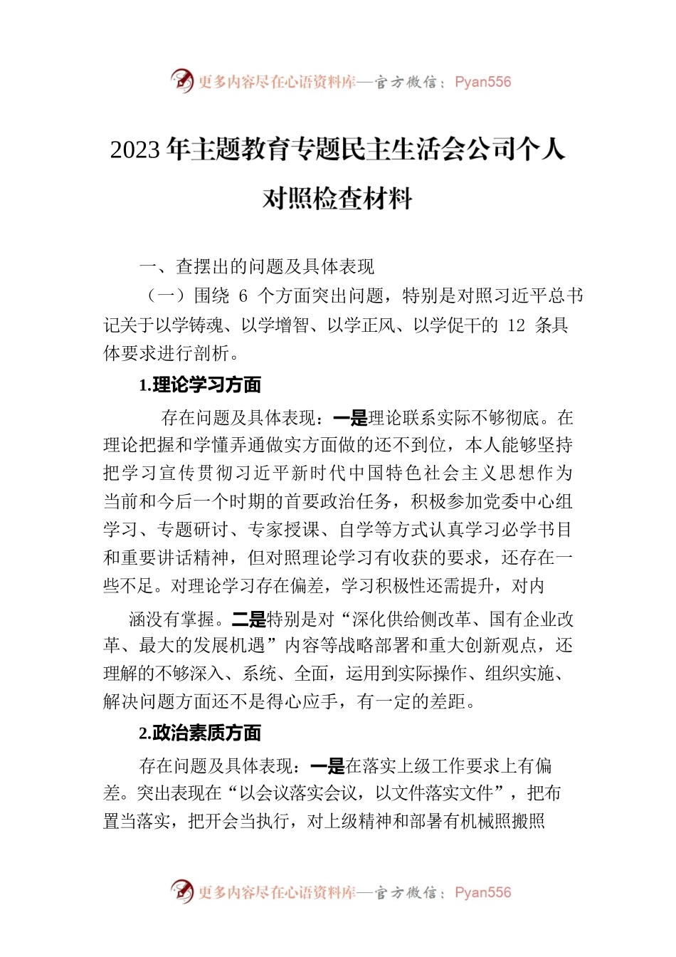 2023年主题教育专题民主生活会公司个人对照检查材料.docx_第1页
