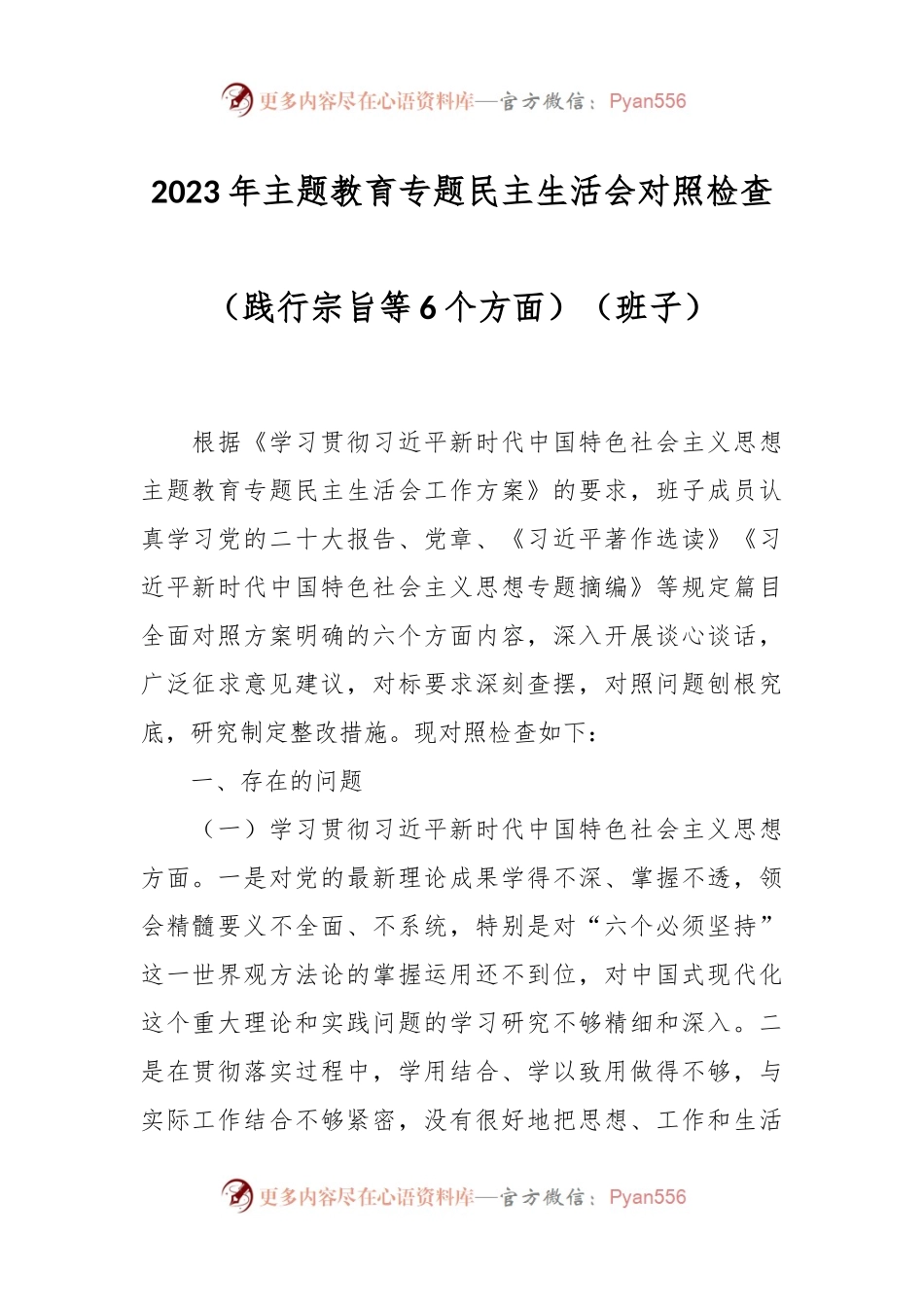 2023年主题教育专题民主生活会对照检查（践行宗旨等6个方面）（班子）.docx_第1页