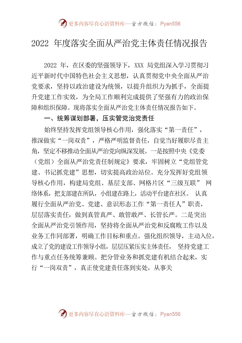 2022年度落实全面从严治党主体责任情况报告.docx_第1页