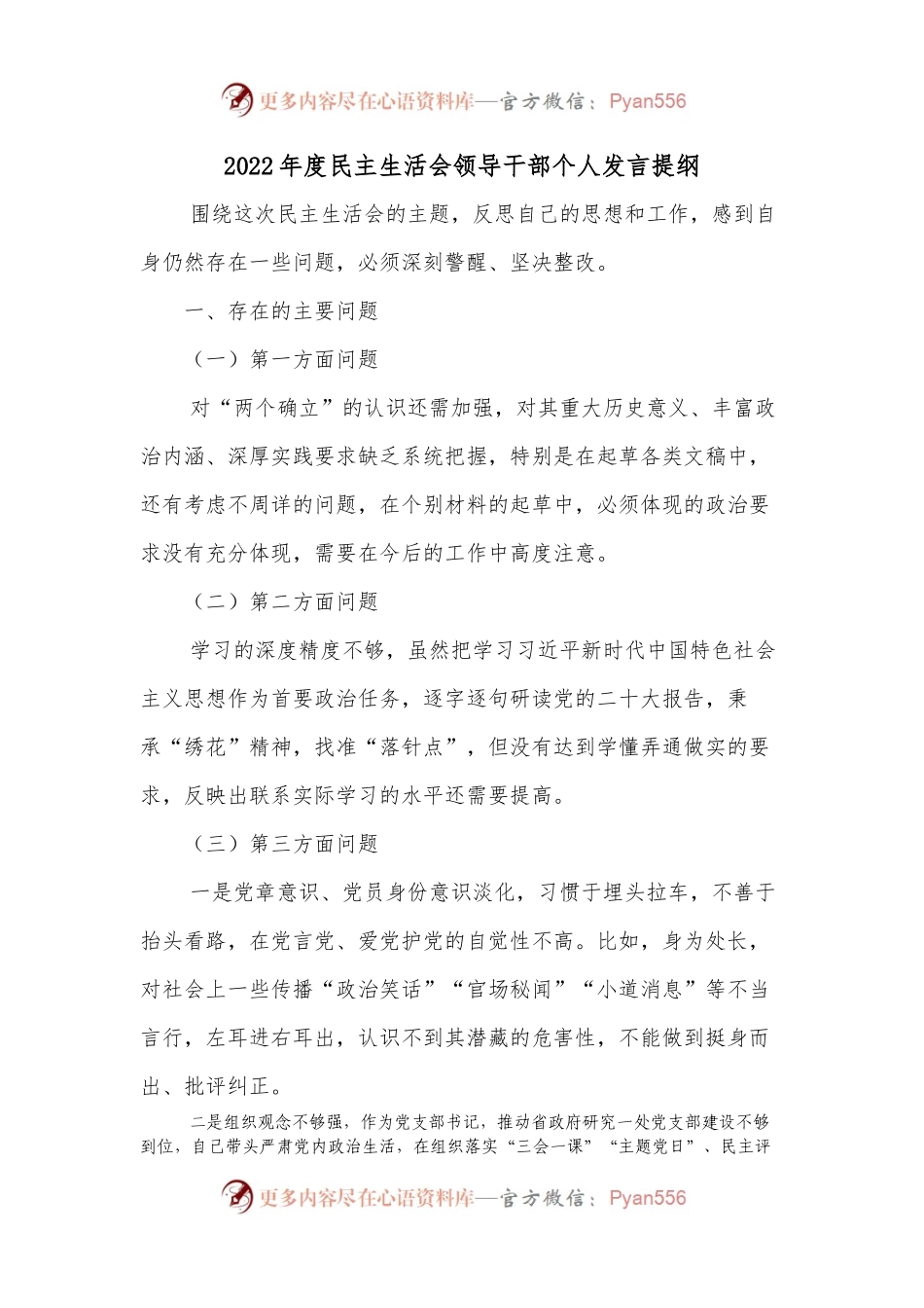 2022年度民主生活会领导干部个人发言提纲2.docx_第1页