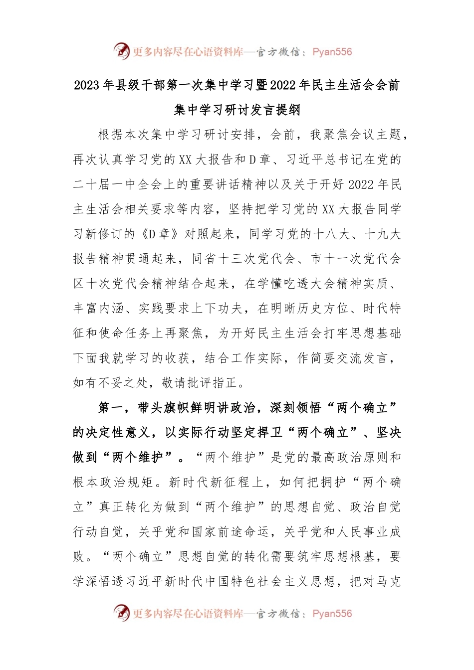 2023年县级干部第一次集中学习暨2022年民主生活会会前集中学习研讨发言提纲.docx_第1页